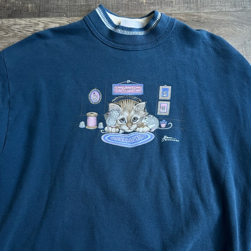 Morning star x Jerzees Navy Blue Vintage Cat Graphic Crewneck Sweatshirt